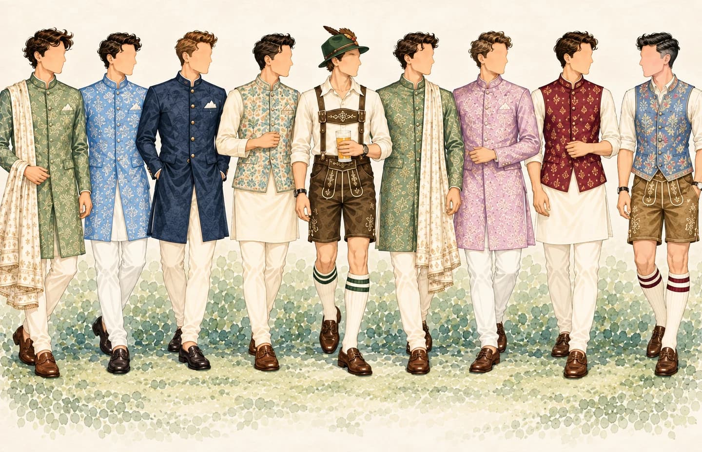 Watercolour illustration of guests in sherwanis, kurtas and lederhosen