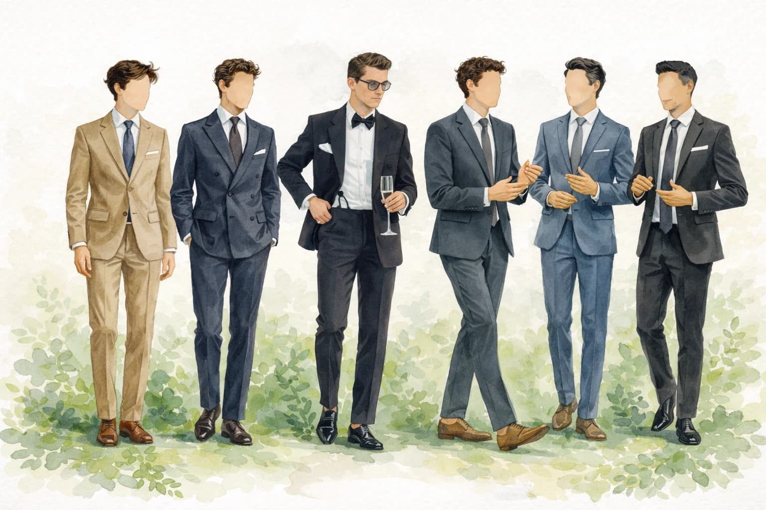 Watercolour illustration of guests in garden-formal suits