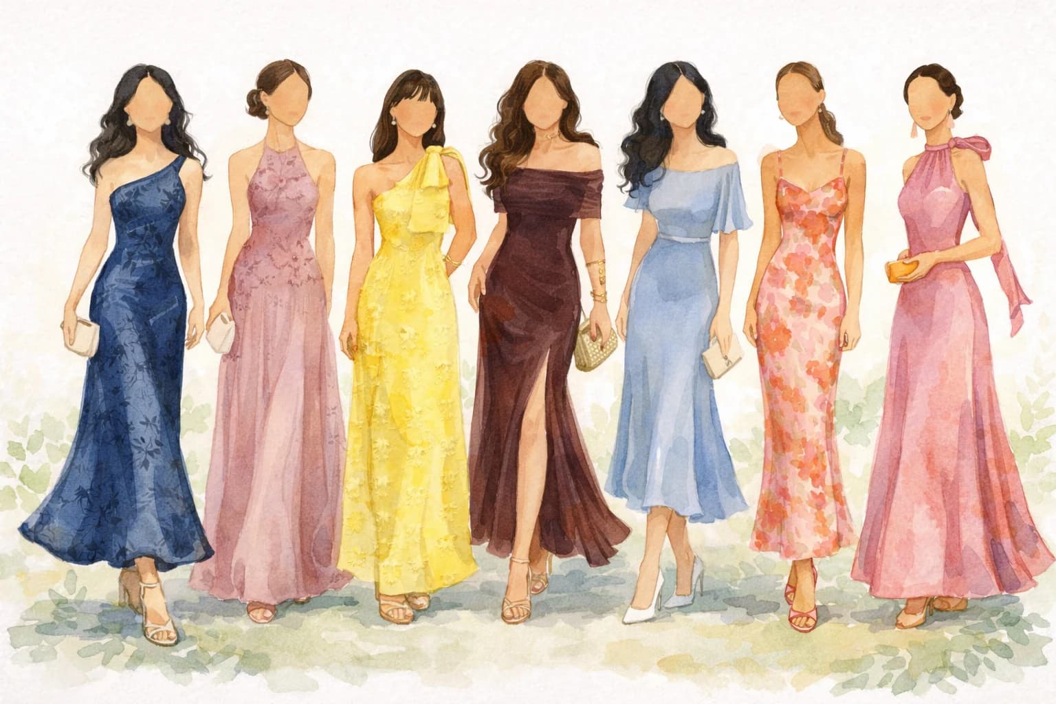 Watercolour illustration of guests in garden-formal dresses